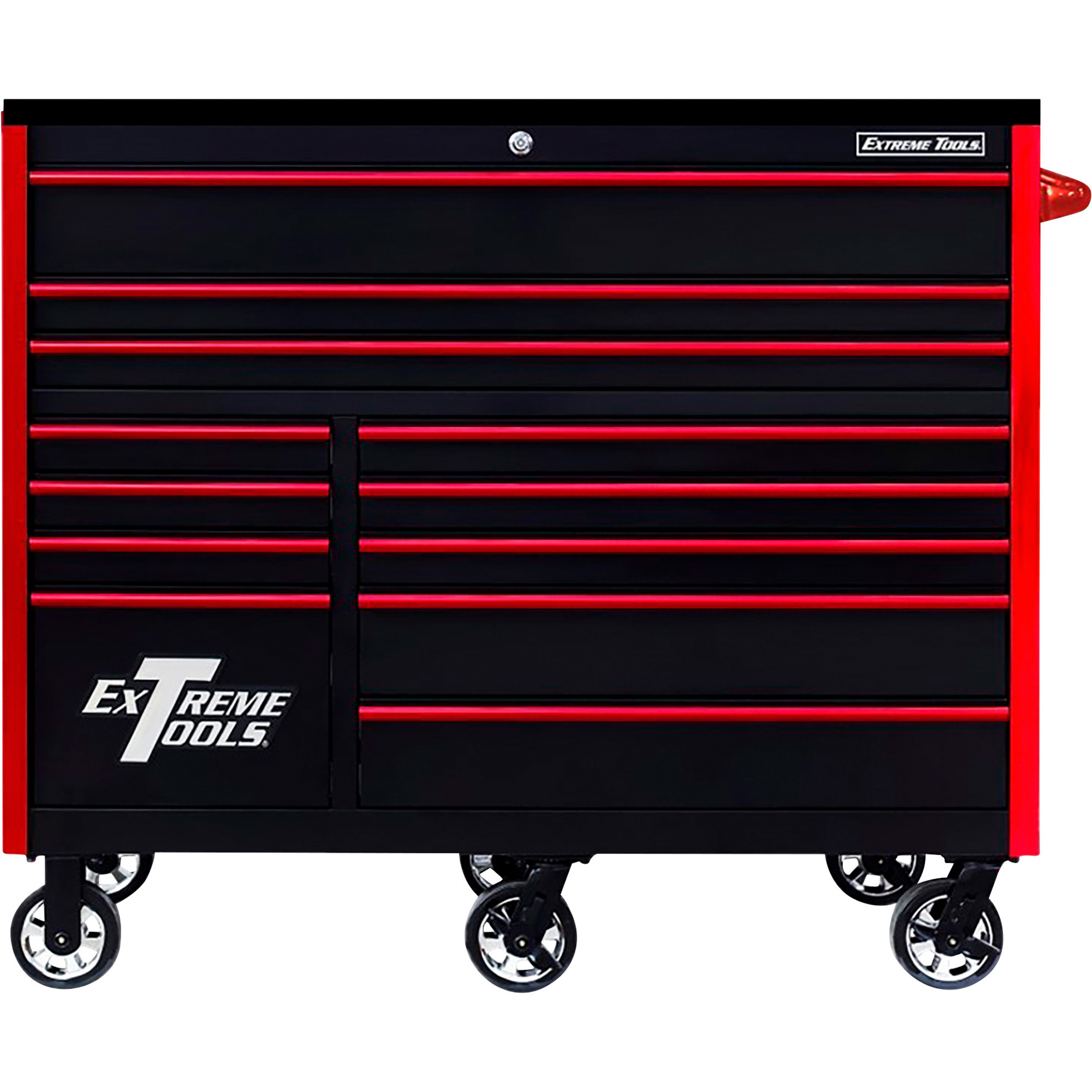Extreme Tools 12-Drawer Roller Cabinet - 55in.W x 25in.D, Black/Red, Quick-Release Drawer Pulls, Heavy-Duty Casters, Model# RX552512RCBKRD-X